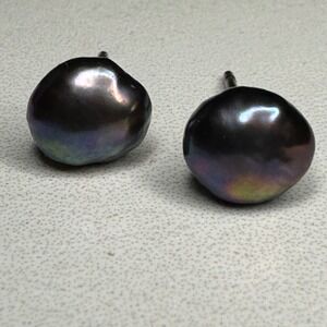 Black Peacock Pearl Stud Earrings Sterling Silver Tahitian‎ Baroque Iridescent